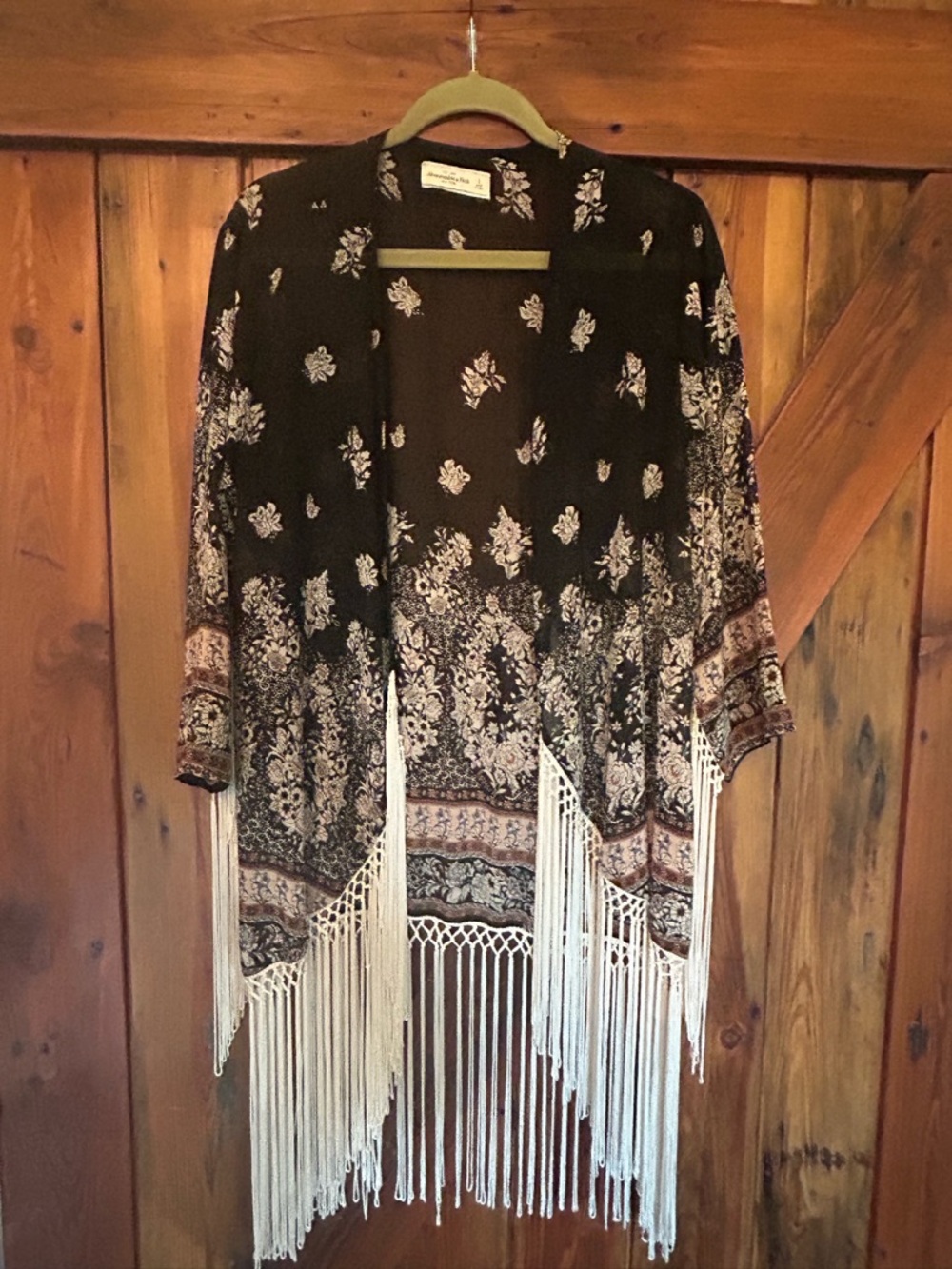Abercrombie & Fitch Black Floral Fringe Kimono Jacket
